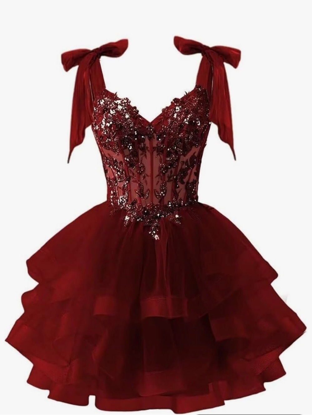 Red Beaded Tulle Cocktail Dress with Bow Straps